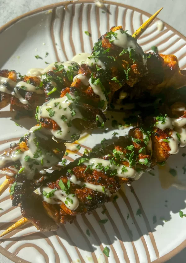 Chicken Shawarma Skewers with Tahini Lemon Sauce