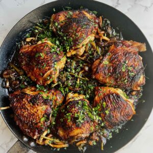 Braised Chicken with Caramelized Onions, Mushrooms, and Broccolini